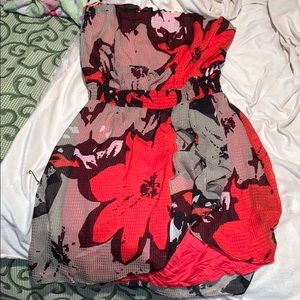Red and black floral strapless mini dress